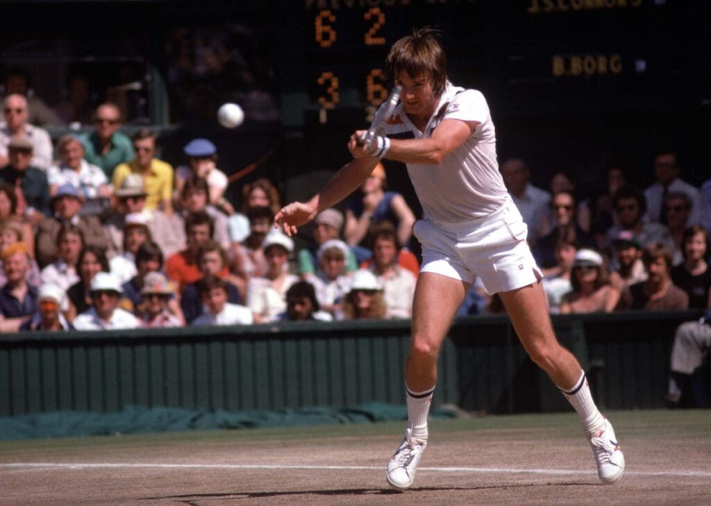 Jul 2, 2977; London, ENGLAND; FILE PHOTO; Jimmy Connors (USA) returns a shot during the 1977 Wimbledon Championships at the All England Lawn Tennis Club.