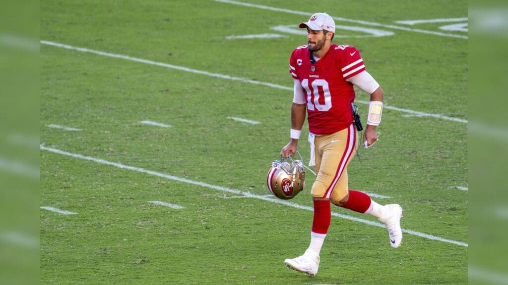 October 11, 2020; Santa Clara, California, USA; San Francisco 49ers quarterback Jimmy Garoppolo (10) jogs off the field after the game against the Miami Dolphins at Levi's Stadium.