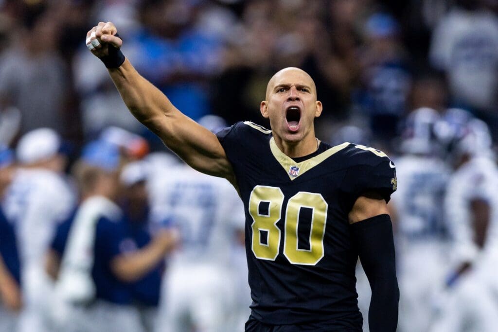 Sep 10, 2023; New Orleans, Louisiana, USA; New Orleans Saints tight end Jimmy Graham (80) during the Who Dat chant during the first half against the Tennessee Titans at the Caesars Superdome.