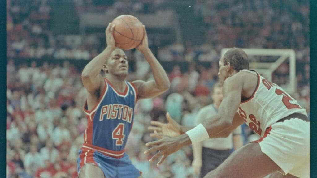 06/10/1990; Portland, Oregon USA; Pistons'' Joe Dumars with the ball being guarded by Trailblazers' Clyde Drexler during game three of the 1990 NBA Finals at The Memorial Coliseum.
