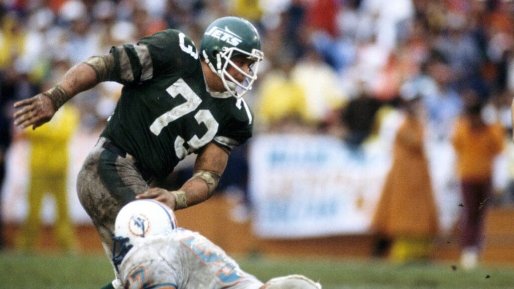 Jan 23, 1983; Miami, FL, USA; FILE PHOTO; New York Jets defensive tackle Joe Klecko (73) in action against the Miami Dolphins at the Orange Bowl. The Dolphins won 14-0.