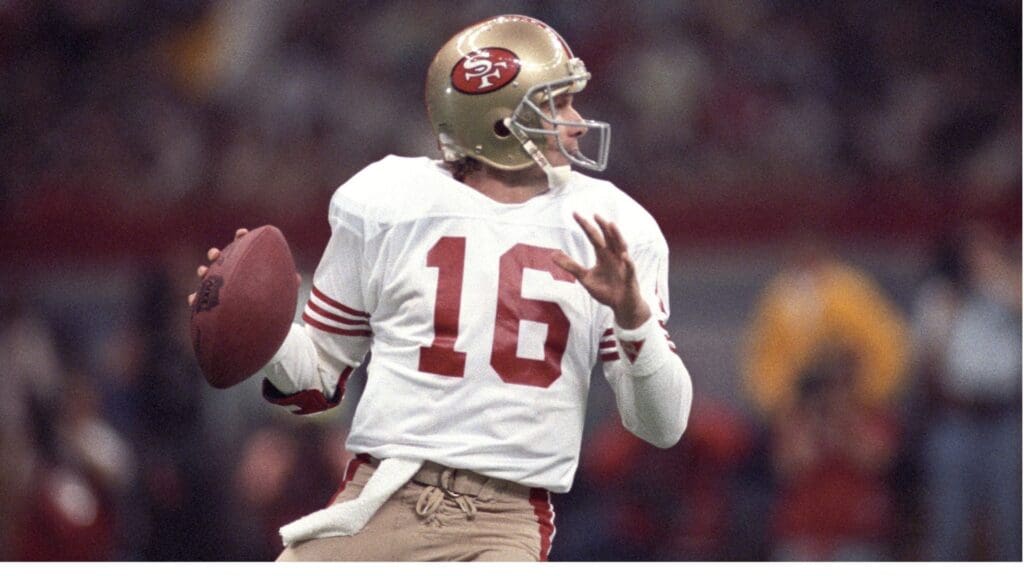 Jan 28, 1990; New Orleans, LA, USA; FILE PHOTO; San Francisco 49ers quarterback Joe Montana (16) looks to throw against the Denver Broncos during Super Bowl XXIV at the Superdome. The 49ers defeated the Broncos 55-10.