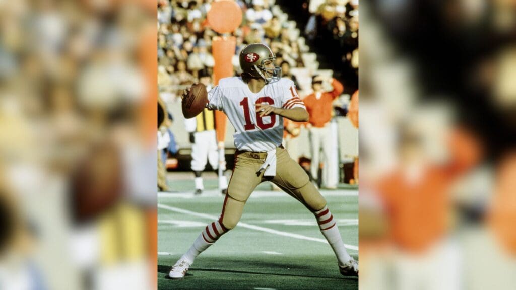 Dec 2, 1979; St. Louis, MO, USA; FILE PHOTO; San Francisco 49ers quarterback Joe Montana (16) prepares to throw against the St. Louis Cardinals at Busch Stadium.
