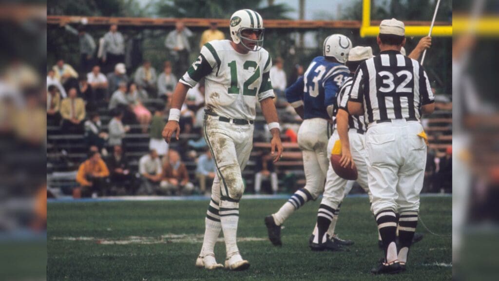 Jan 12, 1969; Miami, FL, USA: FILE PHOTO; New York Jets quarterback Joe Namath (12) against the Baltimore Colts during Super Bowl III at the Orange Bowl. The Jets defeated the Colts 16-7.
