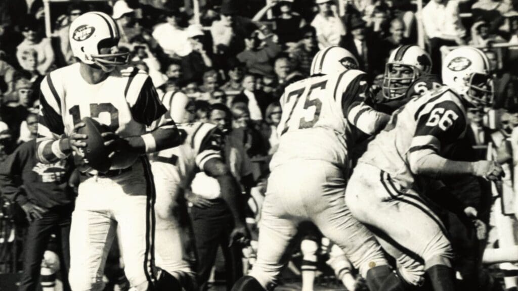 Sep 10, 1967; Buffalo, NY, USA; FILE PHOTO; New York Jets quarterback Joe Namath (12) in action against the Buffalo Bills at War Memorial Stadium.