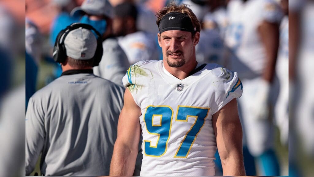 Nov 1, 2020; Denver, Colorado, USA; Los Angeles Chargers defensive end Joey Bosa (97) in the first quarter against the Denver Broncos at Empower Field at Mile High.