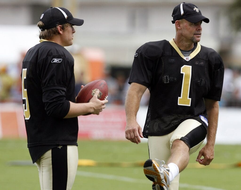 August, 16, 2009; Metarie, LA, USA; New Orleans Saints kicker Garrett Hartley (5) and kicker John Carney (1) during the Saints training camp at the teams practice facility.