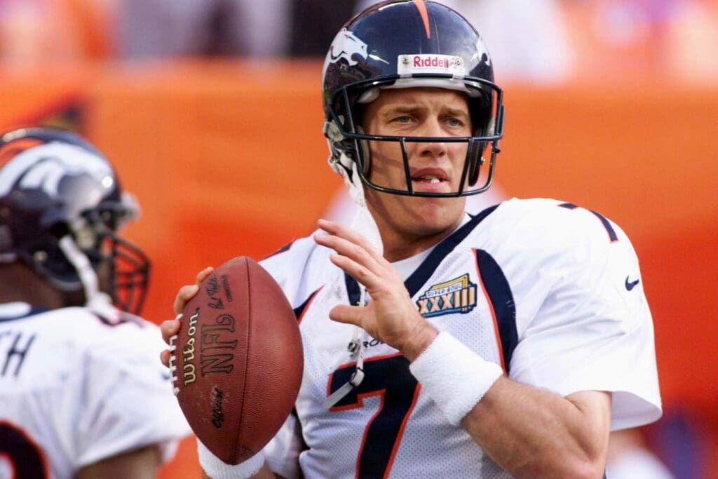 John Elway warms up before the Super Bowl against the Atlanta Falcons in Miami on Jan. 31, 1999.