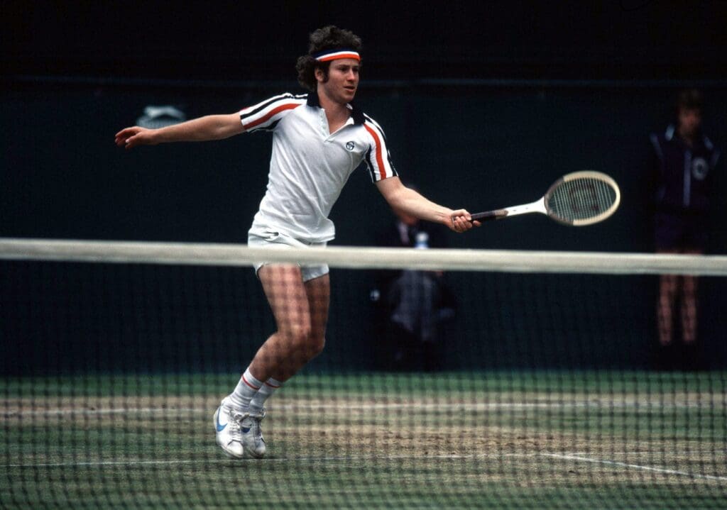 Jul 2, 1980; London, ENGLAND; FILE PHOTO; John McEnroe (USA) prepares to return a shot during a match in the 1980 Wimbledon Championships at the All England Lawn Tennis Club.