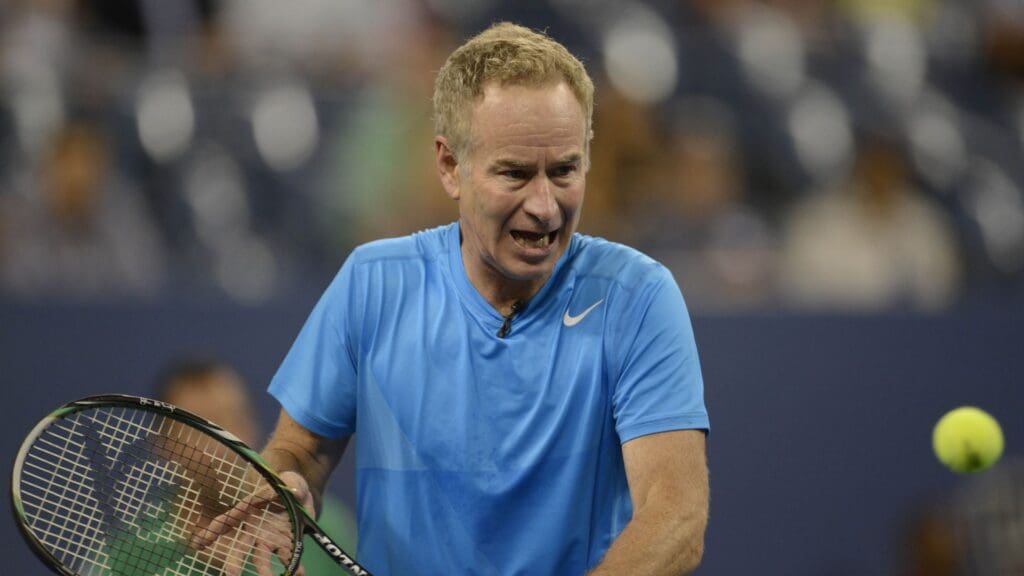 Sep 6, 2012; Queens, NY, USA; Former tennis player John McEnroe during an exhibition doubles match on day eleven of the 2012 US Open at Billie Jean King National Tennis Center.
