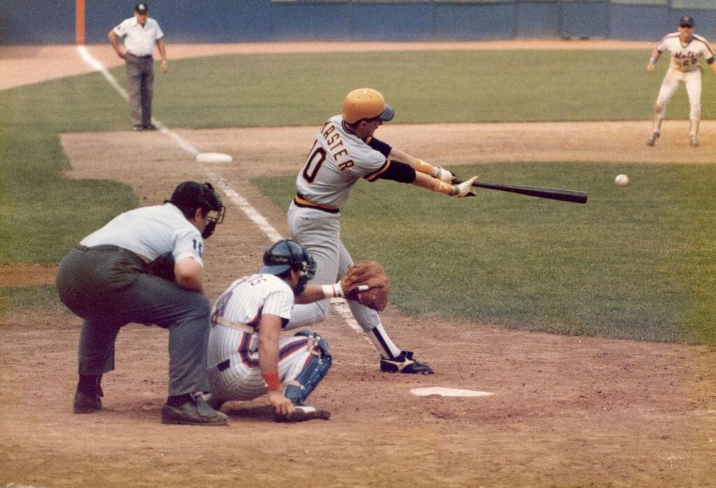 Johnnie LeMaster playing for the Pittsburgh Pirates in a game against the New York Mets at Shea Stadium on September 21, 1985