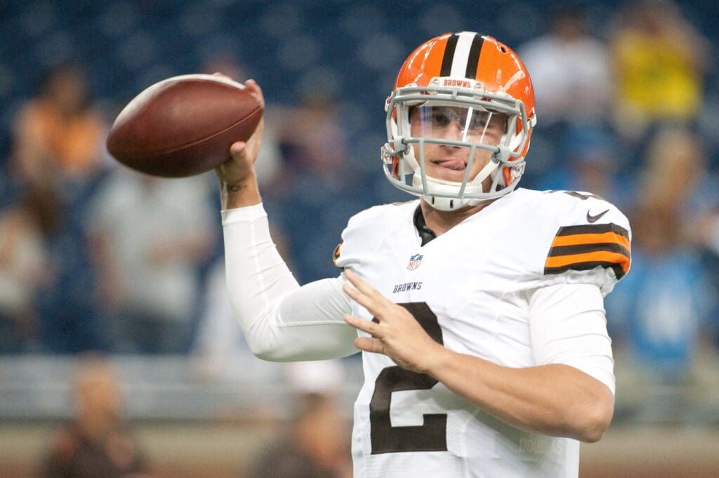 Aug 9, 2014; Detroit, MI, USA; Cleveland Browns quarterback Johnny Manziel (2) warms up before the game against the Detroit Lions at Ford Field. 
