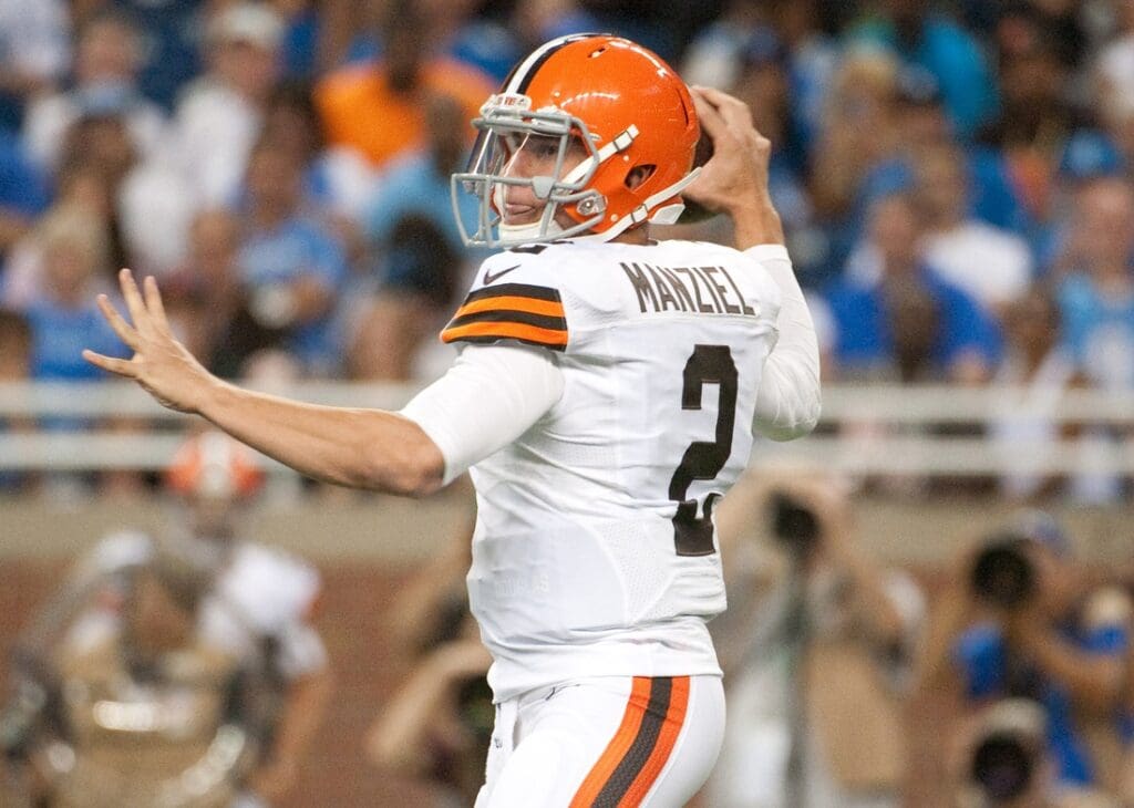 Aug 9, 2014; Detroit, MI, USA; Cleveland Browns quarterback Johnny Manziel (2) throws a pass during the second quarter against the Detroit Lions at Ford Field.