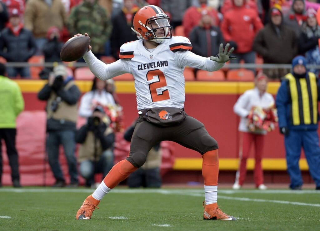 Dec 27, 2015; Kansas City, MO, USA; Cleveland Browns quarterback Johnny Manziel (2) throws a pass during the first half against the Kansas City Chiefs at Arrowhead Stadium.