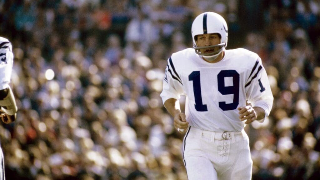 Jan 17, 1971; Miami, FL, USA; FILE PHOTO; Baltimore Colts quarterback Johnny Unitas (19) against the Dallas Cowboys during Super Bowl V at the Orange Bowl. The Colts defeated the Cowboys 16-13.