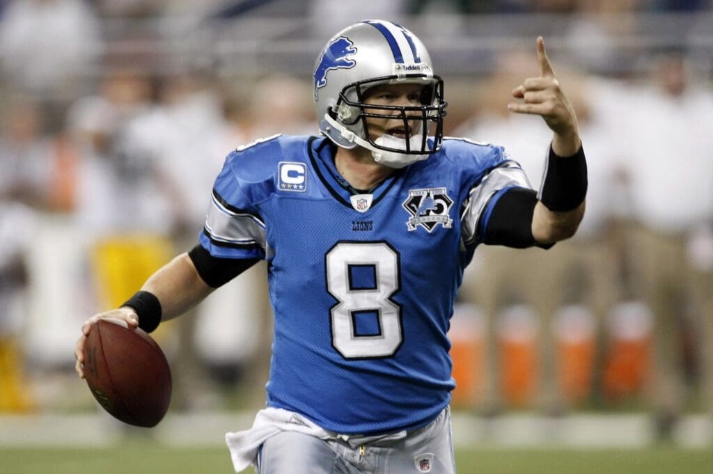 September 14, 2008; Detroit, MI, USA; Detroit Lions quarterback Jon Kitna (8) rolls out looking for a receiver late in the second quarter against the Green Bay Packers.