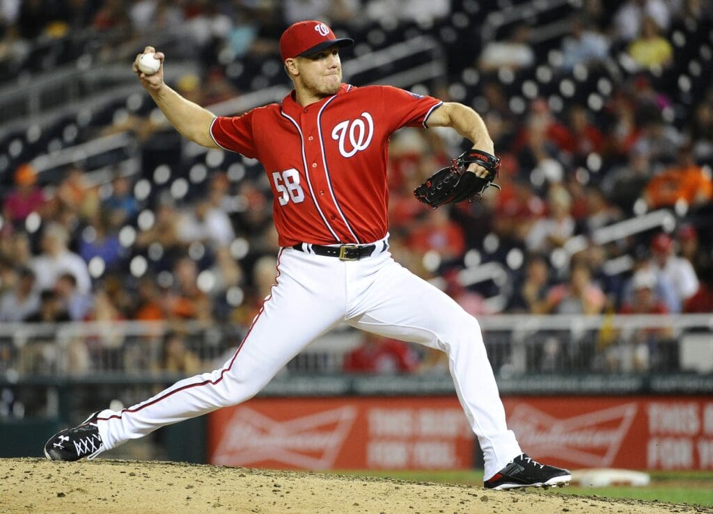 Aug 6, 2016; Washington, DC, USA; Washington Nationals relief pitcher Jonathan Papelbon (58) throws to the San Francisco Giants during the ninth inning at Nationals Park. Mandatory Credit: Brad Mills-USA TODAY Sports