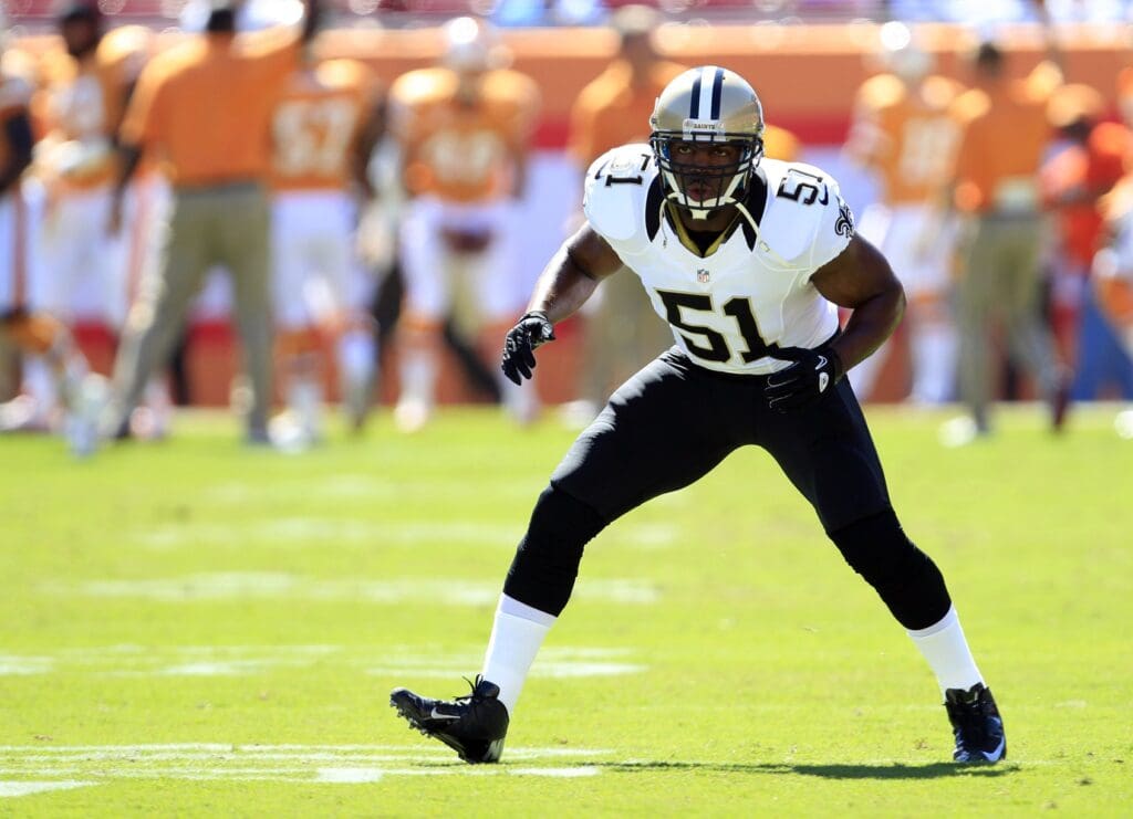 Oct. 21, 2012; Tampa FL, USA; New Orleans Saints linebacker Jonathan Vilma (51) warms up before the game against the Tampa Bay Buccaneers at Raymond James Stadium. Mandatory Credit: Matt Stamey-USA TODAY Sports