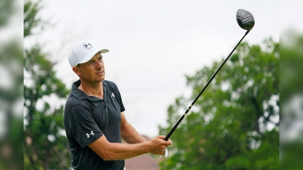 May 24, 2025; Fort Worth, Texas, USA; Jordan Spieth watches his shot from the 11th tee during the third round of the Charles Schwab Challenge golf tournament.