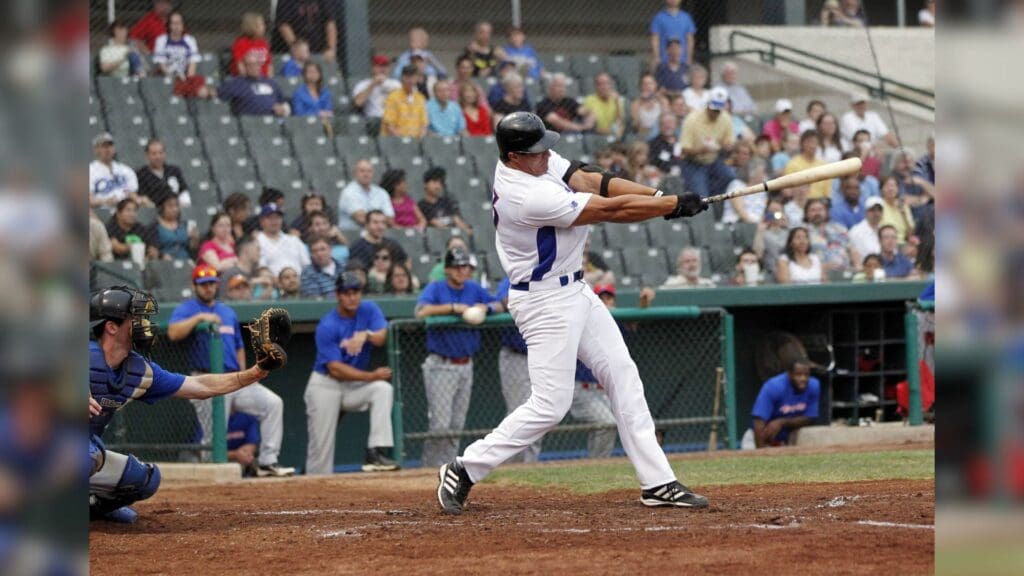 May 23, 2013; Fort Worth, TX, USA; Fort Worth Cats designated hitter Jose Canseco (33) strikes out in the bottom of the first inning of the game against the Edinburg Roadrunners at LaGrave Field in Fort Worth.