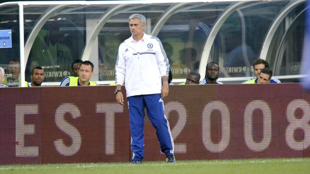 Aug 4, 2013; East Rutherford, NJ, USA; Chelsea head coach Jose Mourinho looks on during the first half against AC Milan at Metlife Stadium. Chelsea won the game 2-0.