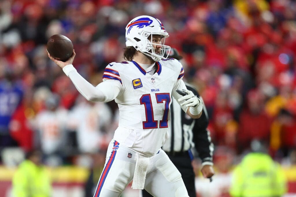 Jan 26, 2025; Kansas City, MO, USA; Buffalo Bills quarterback Josh Allen (17) drops back to pass against the Kansas City Chiefs during the first half in the AFC Championship game at GEHA Field at Arrowhead Stadium.