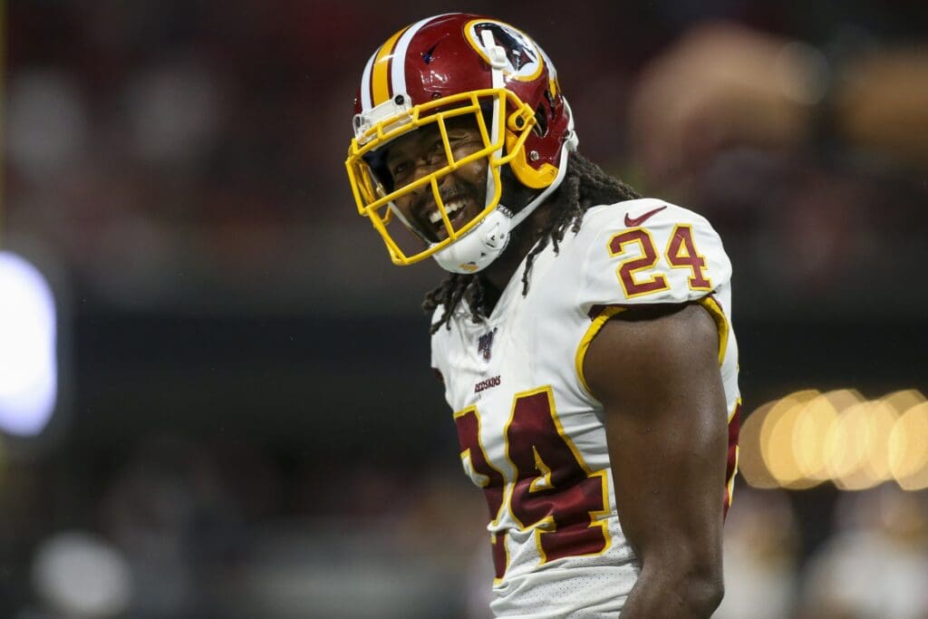 Aug 22, 2019; Atlanta, GA, USA; Washington Redskins cornerback Josh Norman (24) reacts after a play against the Atlanta Falcons in the first half at Mercedes-Benz Stadium.