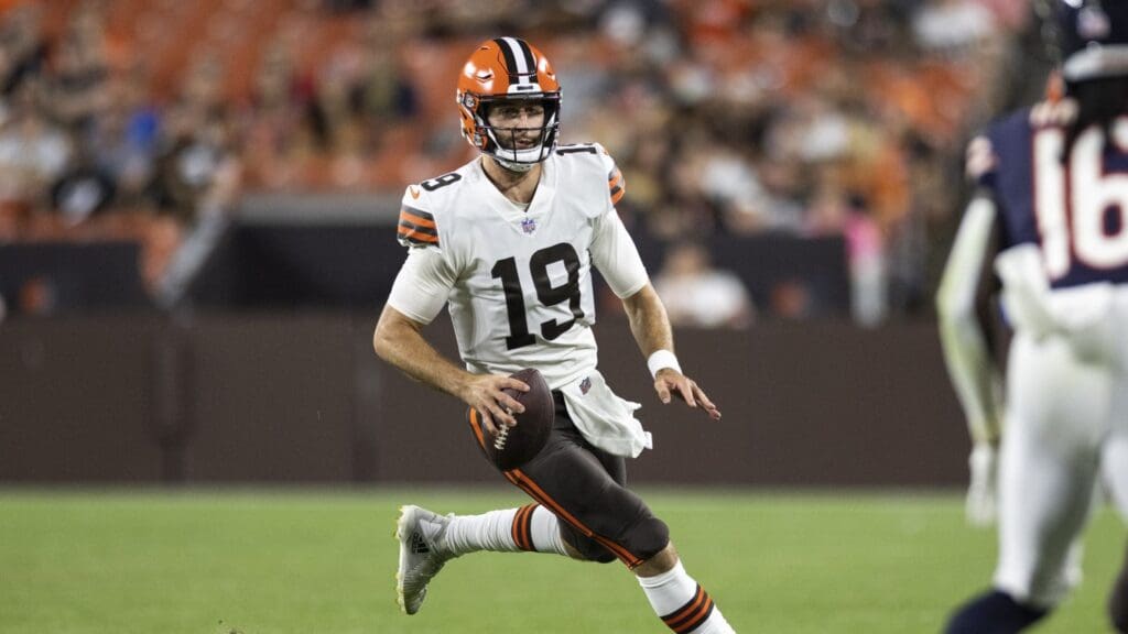 Aug 27, 2022; Cleveland, Ohio, USA; Cleveland Browns quarterback Josh Rosen (19) runs the ball against the Chicago Bears during the fourth quarter at FirstEnergy Stadium.