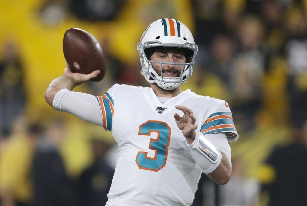Oct 28, 2019; Pittsburgh, PA, USA; Miami Dolphins quarterback Josh Rosen (3) warms up before playing the Pittsburgh Steelers at Heinz Field.