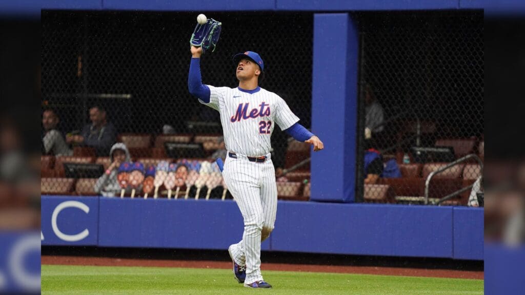 May 28, 2025; New York, New York, USA; New York Mets right fielder Juan Soto (22) catches a fly ball during the game against the Chicago White Sox at Citi Field.