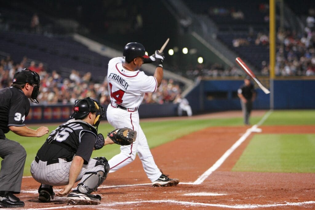 September 28, 2005: Atlanta, Georgia, USA: Julio Franco (14) of the Atlanta Braves breaks a bat on a fly out during the first inning against the Colorado Rockies at Turner Field.