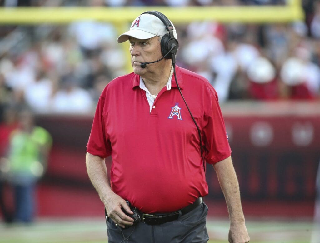 Feb 8, 2020; Houston, TX, USA; Houston Roughnecks head coach June Jones reacts after a play during the second quarter against the Los Angeles Wildcats in a XFL football game at TDECU Stadium.