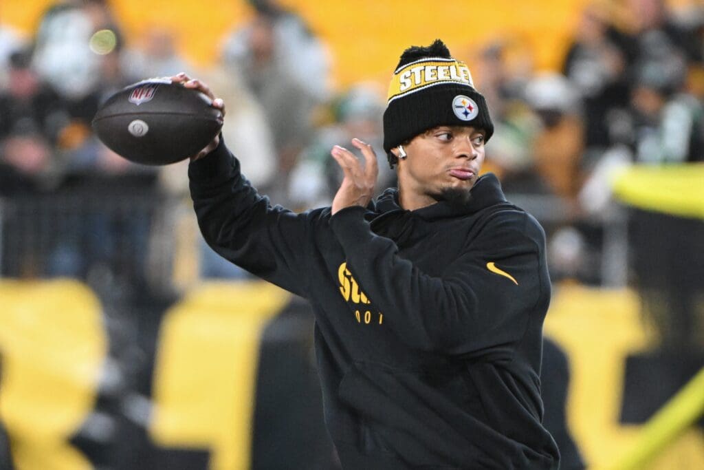 Oct 20, 2024; Pittsburgh, Pennsylvania, USA; Pittsburgh Steelers quarterback Justin Fields (2) warms up for a game against the New York Jets at Acrisure Stadium.