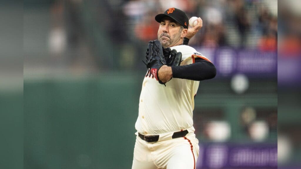 May 12, 2025; San Francisco, California, USA; San Francisco Giants starting pitcher Justin Verlander (35) delivers a pitch against the Arizona Diamondbacks during the first inning at Oracle Park.