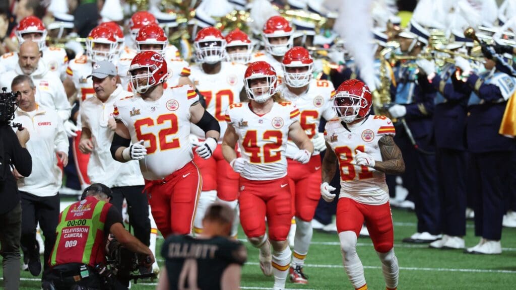 Feb 9, 2025; New Orleans, LA, USA; Kansas City Chiefs players take the field to play the Philadelphia Eagles in Super Bowl LIX at Ceasars Superdome. Mandatory Credit: Stephen Lew-Imagn Images