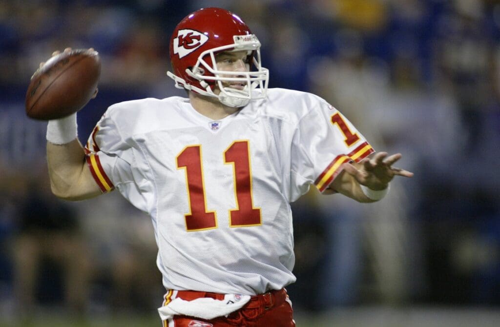 August 12, 2005; Minneapolis, MN, USA; Kansas City Chiefs quarterback #11 Damon Huard looks for a receiver in fourth quarter action against the Minnesota Vikings at the Metrodome. Vikings win 27-16.