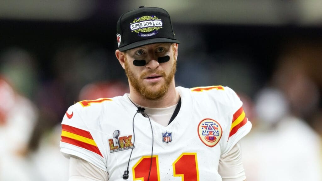 Feb 9, 2025; New Orleans, LA, USA; Kansas City Chiefs quarterback Carson Wentz (11) against the Philadelphia Eagles in Super Bowl LIX at Ceasars Superdome.
