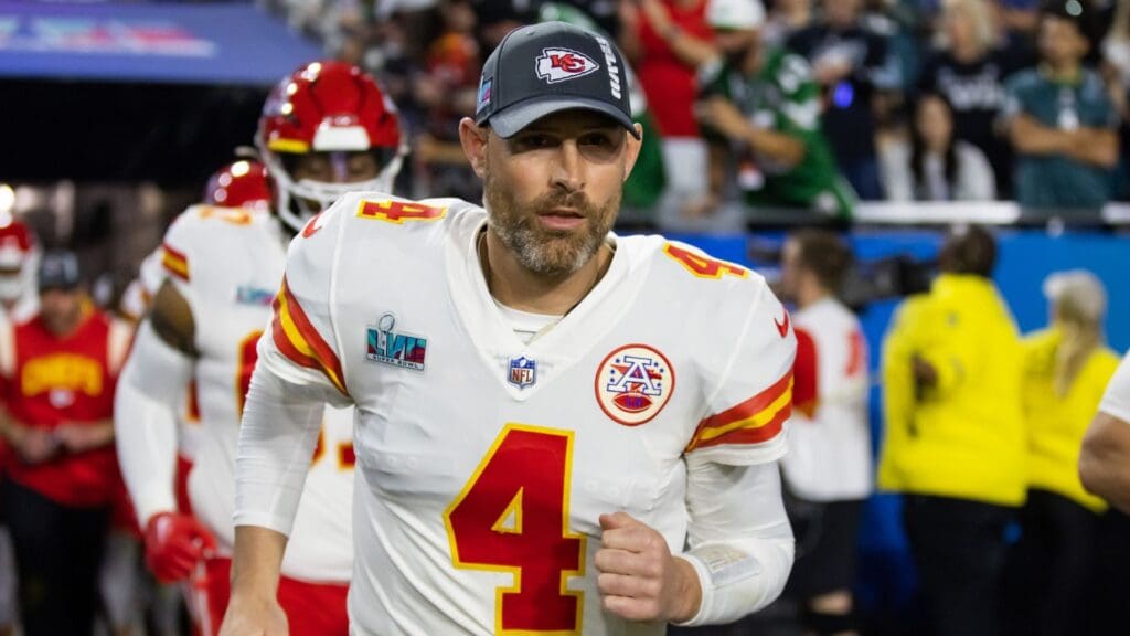 Feb 12, 2023; Glendale, Arizona, US; Kansas City Chiefs quarterback Chad Henne (4) against the Philadelphia Eagles during Super Bowl LVII at State Farm Stadium.
