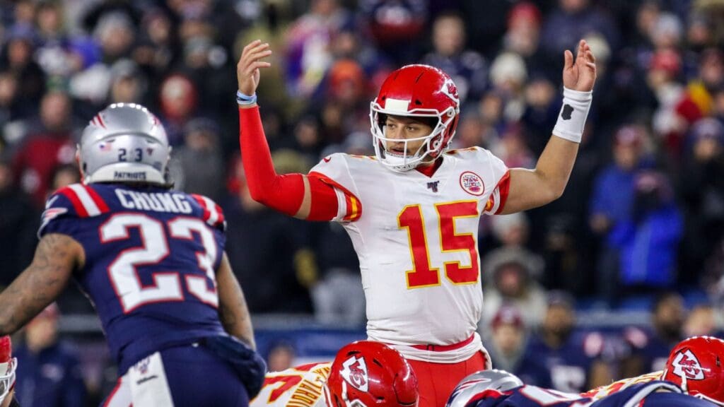Dec 8, 2019; Foxborough, MA, USA; Kansas City Chiefs quarterback Patrick Mahomes (15) changes the play during the second half against the New England Patriots at Gillette Stadium.