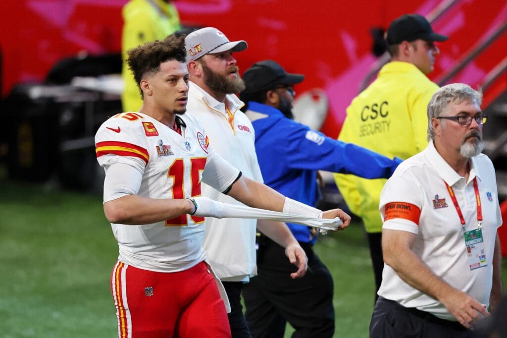Feb 9, 2025; New Orleans, LA, USA; Kansas City Chiefs quarterback Patrick Mahomes (15) walks off the field after losing against the Philadelphia Eagles in Super Bowl LIX at Caesars Superdome.