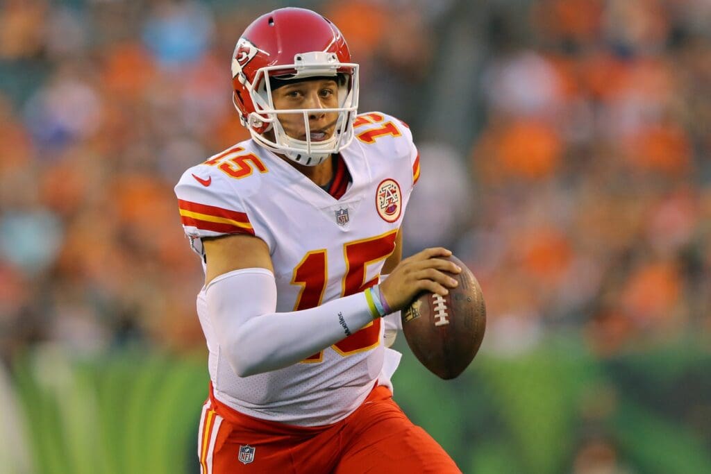 Aug 19, 2017; Cincinnati, OH, USA; Kansas City Chiefs quarterback Patrick Mahomes (15) against the Cincinnati Bengals at Paul Brown Stadium.