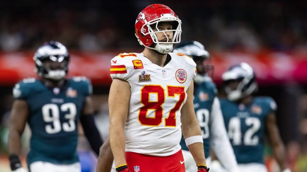 Feb 9, 2025; New Orleans, LA, USA; Kansas City Chiefs tight end Travis Kelce (87) against the Philadelphia Eagles in Super Bowl LIX at Ceasars Superdome.