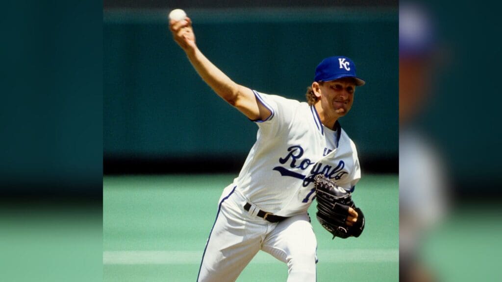 Jun 6, 1991; Kansas City, MO, USA; FILE PHOTO; Kansas City Royals pitcher Bret Saberhagen against the Texas Rangers at Dodger Stadium.