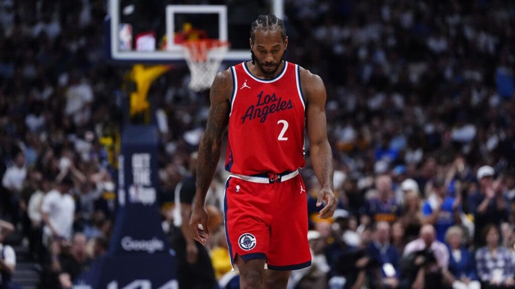 May 3, 2025; Denver, Colorado, USA; LA Clippers forward Kawhi Leonard (2) during the third quarter against the Denver Nuggets during game seven of first round for the 2025 NBA Playoffs at Ball Arena