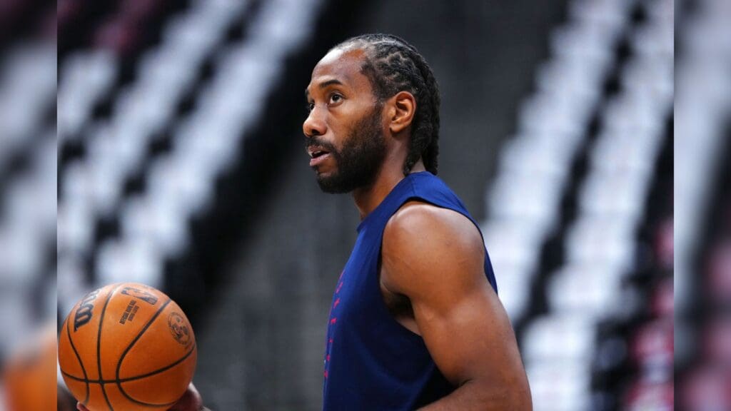 May 3, 2025; Denver, Colorado, USA; LA Clippers forward Kawhi Leonard (2) warms up before the game against the Denver Nuggets during game seven of first round for the 2025 NBA Playoffs at Ball Arena.