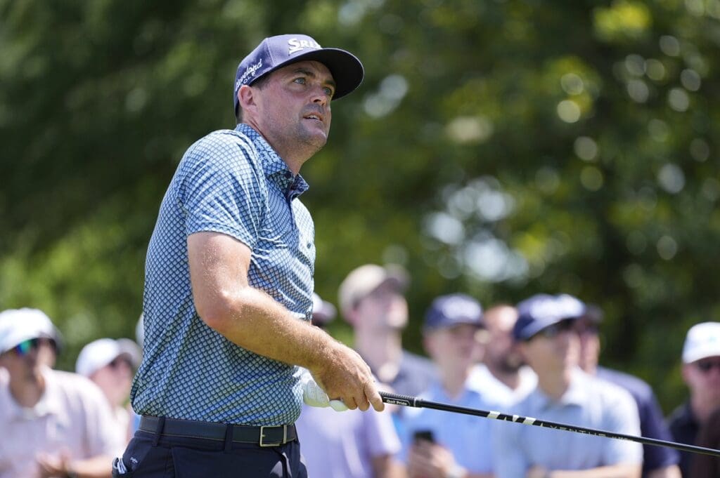 May 18, 2025; Charlotte, North Carolina, USA; Keegan Bradley tees off on the third hole during the final round of the PGA Championship golf tournament at Quail Hollow.
