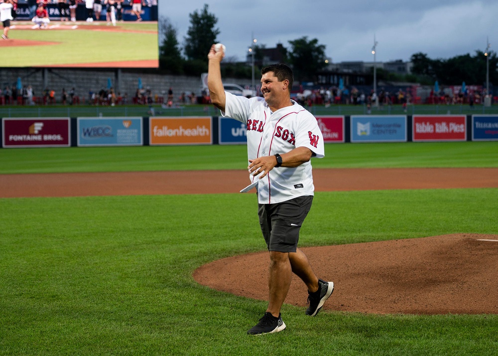 Former Red Sox pitcher Keith Foulke delivers a ceremonial first pitch ahead of WooSox action Thursday night.
LEDE 3