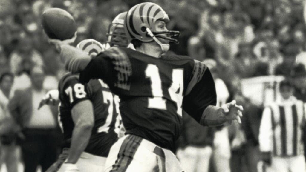 Jan 3, 1982; Cincinnati, OH, USA; FILE PHOTO; Cincinnati Bengals quarterback Ken Anderson (14) in action against the Buffalo Bills during the 1981 AFC Divisional Playoff game at Riverfront Stadium. The Bengals defeated the Bills 28-21.