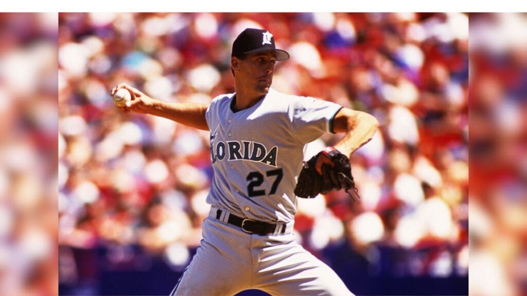Jun 5, 1997; Flushing, NY, USA; FILE PHOTO; Florida Marlins pitcher Kevin Brown (27) in action against the New York Mets at Shea Stadium.