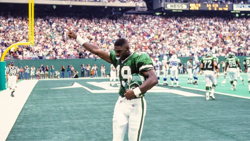 Sep 8, 1996; East Rutherford, NJ, USA; FILE PHOTO; New York Jets receiver Keyshawn Johnson (19) signals from the endzone during a game against the Indianapolis Colts at Giants Stadium.